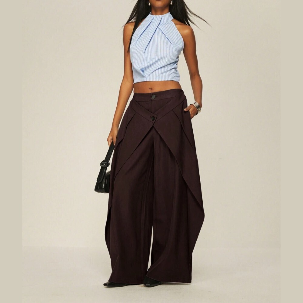 Brown Wrap Front Layered Wide Leg Pleated Palazzo Pants